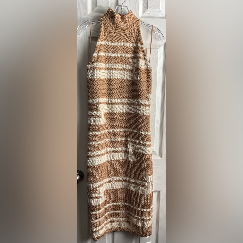 Lauren Ralph Lauren Tan and Cream Knit Midi Halter Dress Small